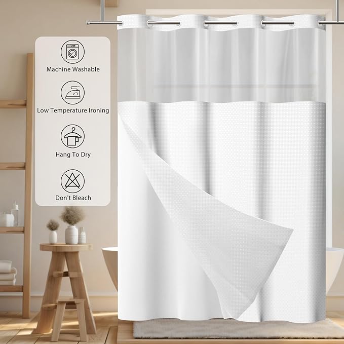 GICDSU No Hook Shower Curtain with Snap in Liner, Waffle Shower Curtain Set for Bathroom, Hotel Style with Semi-Sheer Top Window, Waterproof & Washable, White, 71" W x 80" L
