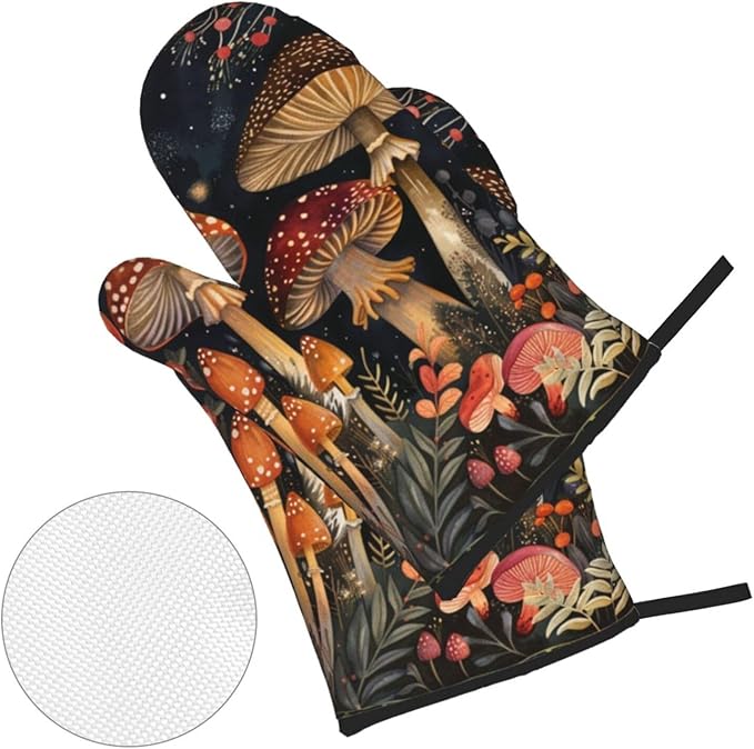 Oven Mitts and Pot Holders Sets of 4 Mushroom Vintage Botanical Kitchen Potholder Gloves Heat Resistant Non-Slip for Chef Baking Cooking Grilling BBQ Mittens