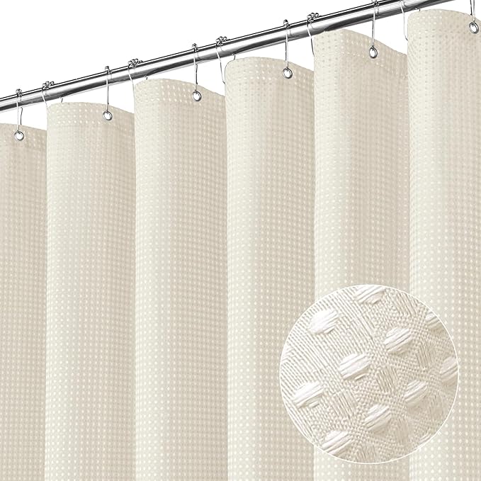 MitoVilla Extra Long Shower Curtain 72 x 84, Beige Waffle Fabric 84 inch Shower Curtain, Farmhouse XL Shower Curtains for Bathroom Decor, Luxury Weighted Shower Curtain 84 inch, Cream