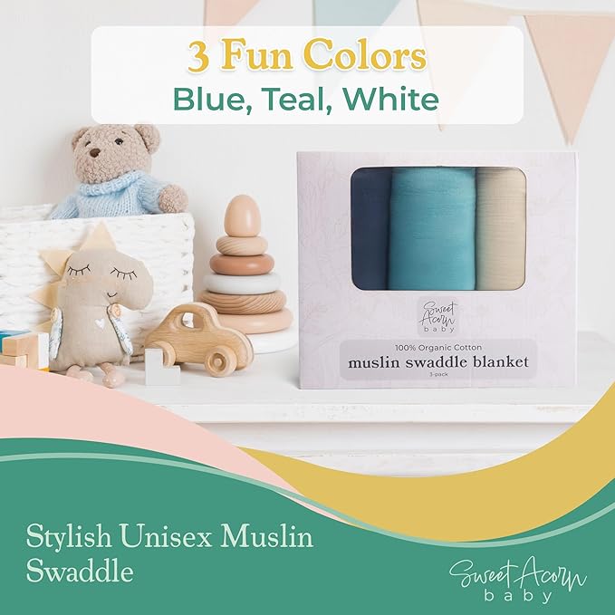 Sweet Acorn Muslin Swaddle Blanket – Soft Cotton Muslin Baby Blanket for Newborns, Infants, and Toddlers, All-Season Comfort Baby Essential - Blue, Teal, White