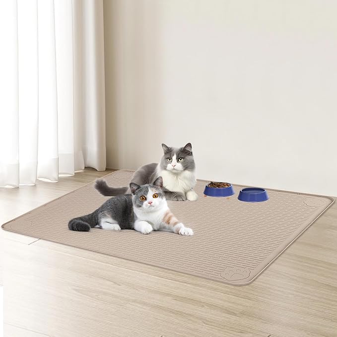 Bartuke Cat Food Mat, 40" x 28" Extra Large Silicone Pet Feeding Mat with Raised Edge Pet Placemat for Food and Water Bowl Non-Slip, Easy to Clean, Floor Protection (Khaki)