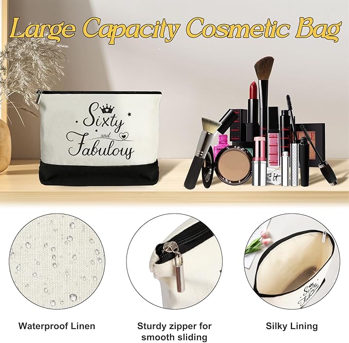 YeohJoy 60th Birthday Gifts for Women 60 and Fabulous Canvas Tote Bag Travel Gear, Unique 60 Years Old Gifts for Wife Sister Mom Aunt Friends Her, Handbag & Cosmetic Bag & 60 Birthday Poster
