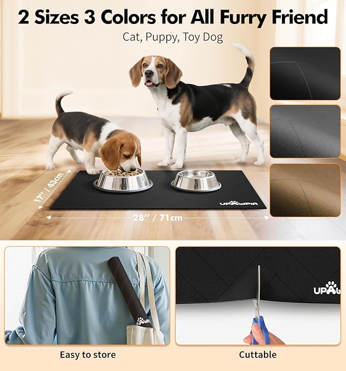 UPAWPIA Pet Food Mat Absorbent Cat Food Mat Dog Mat for Food and Water Quick Dry No Stains Dog Feeding Mat Placemat for Messy Drinkers Cat Food Mats for Indoor Cats Bowl Mat Pet Supplies 17"X28" Black