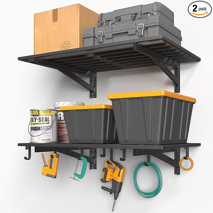 Jusgym 2-Pack 2x3ft Garage Shelving Wall Mounted, 2' x 3' Heavy Duty Garage Storage Shelves with Hooks, 400LB Capacity