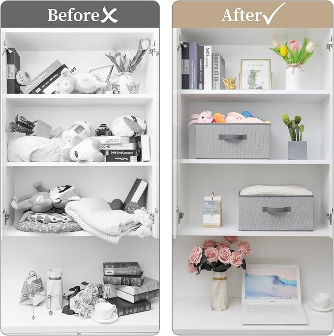 EITMOW Storage Baskets, 15.7 Inch Woven Fabric Bins, Storage Cubes with Reinforced Handles, Organizer Bins for Closet Shelves, Foldable, for Toys, Clothes, Natural Beige (3PCS/Grey-15.7*11*7.8inch)