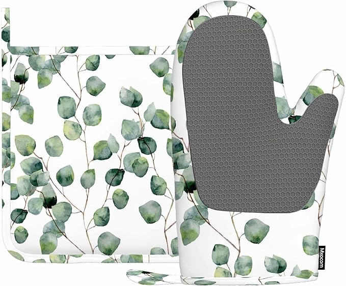 Mxocom Green Leaves Silicone Oven Mitts and Pot Holders Sets Eucalyptus Round Leaf Foliage Branches Twig Natural Plant Repeat BBQ Gloves for Kitchen,Cooking,Baking,Grilling