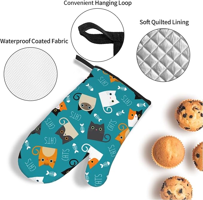 Funny Cute Cats Oven Mitts and Pot Holders 4 Pcs Set Oven Gloves and Potholders for Cooking Microwave BBQ Baking Grilling