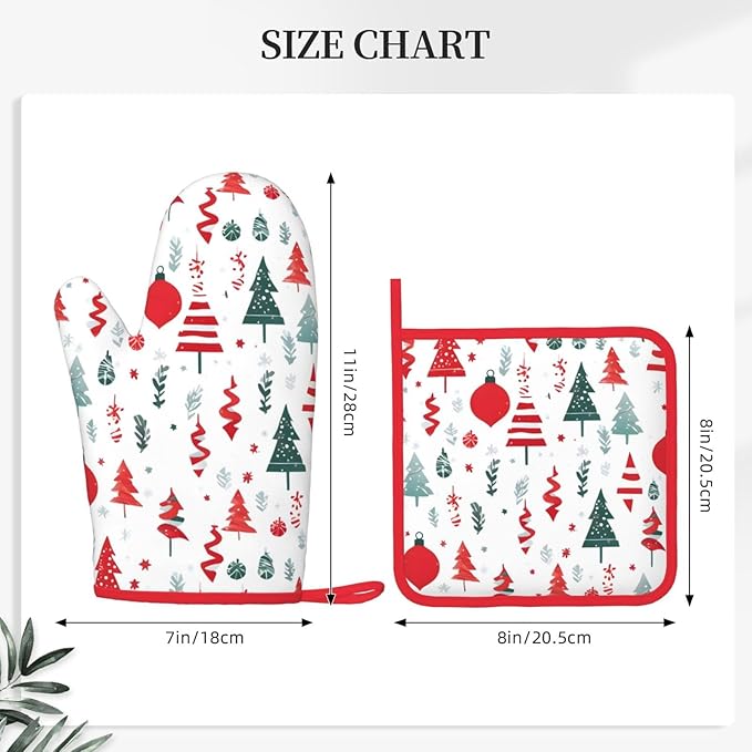 Oven Mitts and Potholders Merry Christmas Tree Silicone Glove Heat Resistant, Kitchen Gloves for Cooking, 2-Piece Set