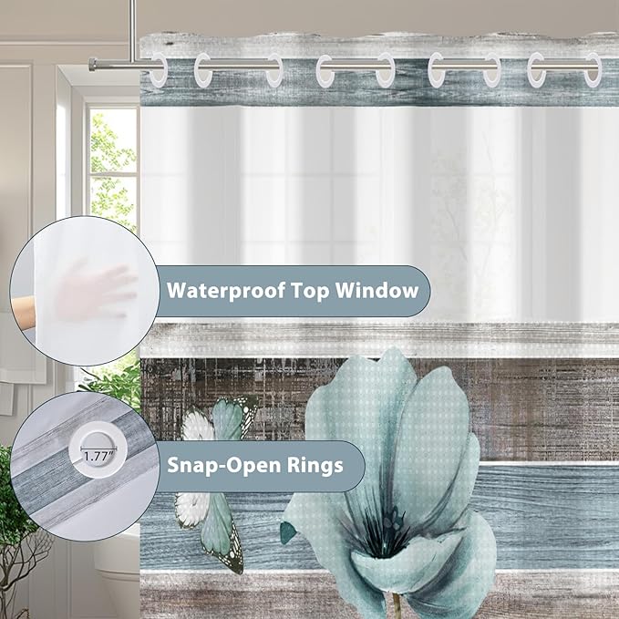 GICDSU No Hook Shower Curtain with Snap in Liner, Waffle Shower Curtain Set for Bathroom, Turquoise Floral Style with Semi-Sheer Top Window, Waterproof & Washable, 71" W x 80" L