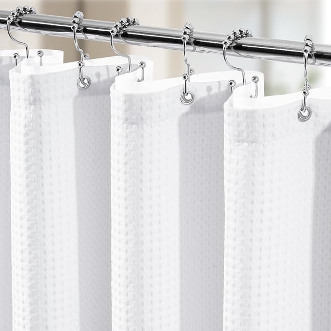 Vipfree 3 in 1 Shower Curtain Set, Waffle Shower Curtain and Liner Set with 12 Double Sided Shower Curtain Hooks, 258GSM Luxury Weighted Cloth Shower Curtains for Bathroom, 72 W x 84 H, White