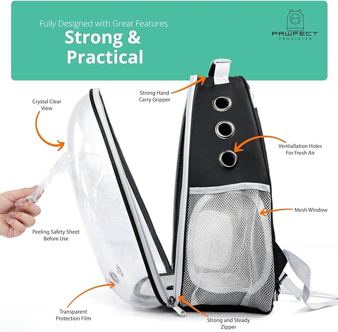 Cat Backpack Carrier with Collapsable Dog Bowl, Cat Collar & Interactive Cat Toy (4 Pcs Set)- Airline Approved Bubble Carrying Bag for Medium Dogs & Cats, Animal Carrier Backpacks, Pet Backpack |Black