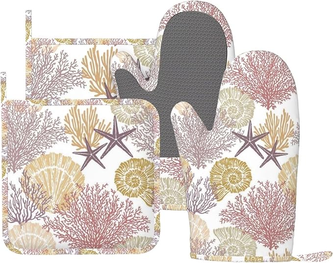 Nautical Coastal Oven Mitts and Pot Holders Set, 4pcs Silicone Starfish Seashell Coral Beach Themed Oven Glove for Kitchen Heat Resistant Oven Mitts and Non-Slip Potholders Yellow Red