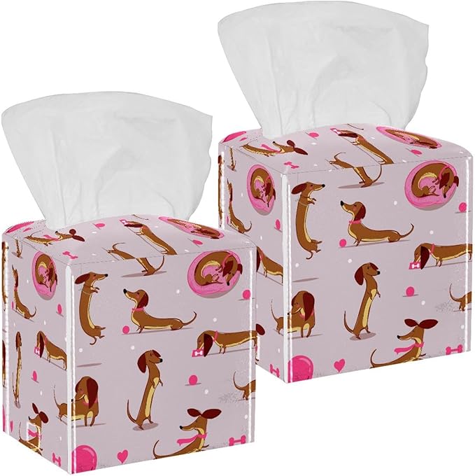 Set of 2 Tissue Box Cover, Cute Dog Dachshund Tissue Box Holder, Facial Napkin Dispenser for Bathroom Kitchen Bedroom Office Hotel