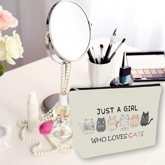 Girlly Cat Makeup Bag For Cat Lover Valentines Day Gifts: Cosmetic Bag & Toiletry Pouch Just A Girl Who Love Cats Themd For Mom, Daughters, Friends,Teen Girl & Women.Ideal Gifts For Travel, Birthdays.