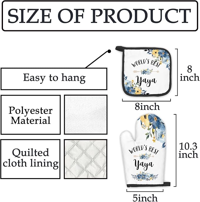 Yaya Gifts Oven Mitts and Pot Holders Sets, Gifts for Yaya from Grandkids Kitchen Decor Accessories Sets, World’s Best Yaya Heat Resistant Oven Glove Potholders for Kitchen Cooking Baking