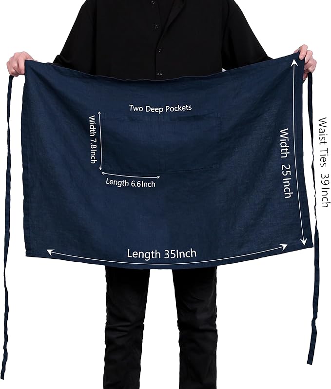 Pure Linen Bistro Half Apron - 25 x 35 Inch Unisex Waist Aprons with Large Pocket Ideal for Kitchen Crafts and More