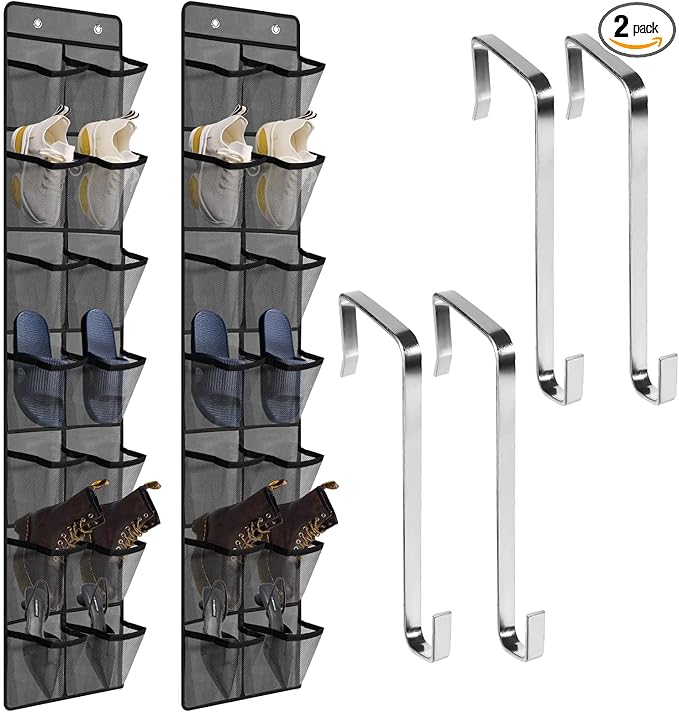 Makryebi Door Shoe Organizer with 14 Mesh Pockets, 59”H x 11.8”W inches, Clear Storage Pockets, 2 Pack,Grey