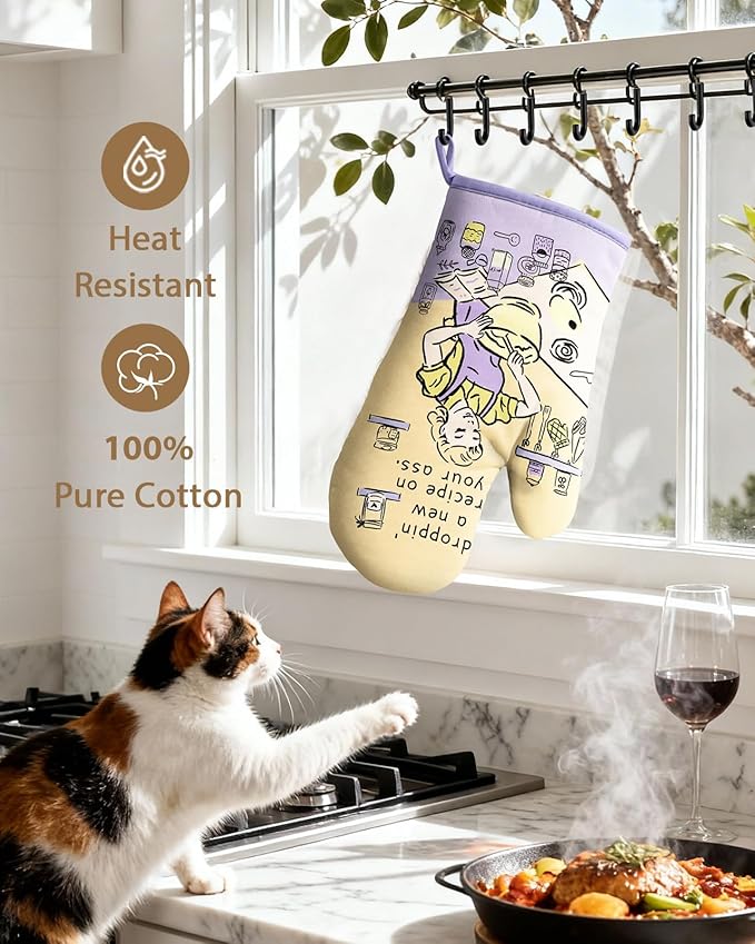 Slohif Funny Oven Mitt Heat Resistant for Women - 2 Pack Purple Cute Novelty Cool Kitchen Oven Mittens with 100% Cotton for Baking and Cooking Accessories