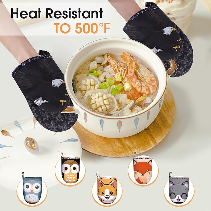 Mini Oven Mitts Cute,Silicone Oven Mitts Heat Resistant 500℉ with Non-Slip Grip and Soft Quilted Cotton Lining for Kitchen Cooking and Baking. Machine Washable-Eagles