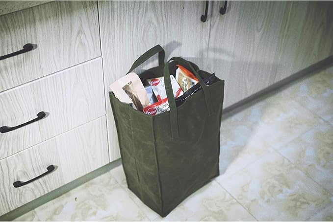 Kaaltisy Waxed Canvas Grocery Bag Eco-Friendly Reusable Shopping Bags Foldable Organic and Vegan Shopping Bags, Tall, Soft Handfeel
