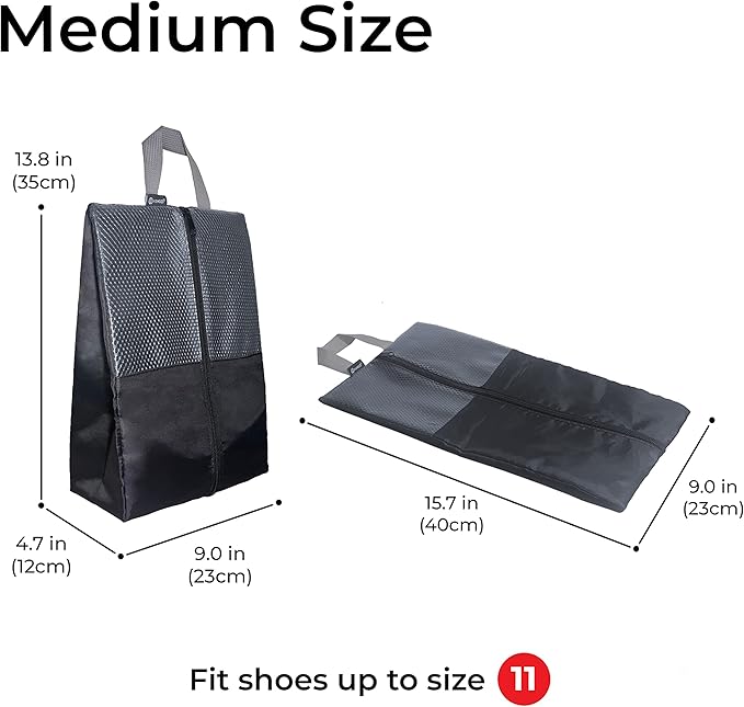 HANOZI Shoe Bags For Travel, Used As For Storage or Shoe Travel Bag, Space Saving When Travelling With This Travel Shoe Bags For Packing, Featuring Waterproof Nylon Sneaker Bag (Black, 2 Pack, Medium)