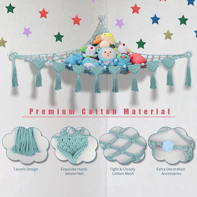 iHansee Stuffed Animal Storage Hammock Corner, 56'' Jumbo Boho Macrame Tassel Toy Holder Wall Mounted, Hanging Net Organizer for Nursery Decor, Aqua Plush Toy Net with Star Light for Boys Girls Gift