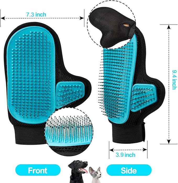 Beenefits 2025 Pet Grooming Glove with Tipped Pin Brush,Special Design Deshedding Glove, Perfect Petting Tool for Sensitive Dogs & Cats with Long & Medium Fur, Massage Mitt - Right-Hand - Blue