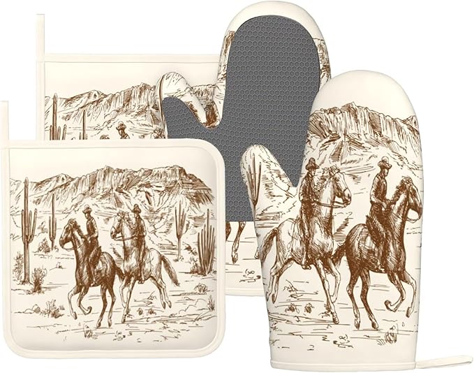Cowboy Oven Mitts and Pot Holders Sets Silicone Western Desert Cowboy Kitchen Mitts Potholders Heat Resistant 4Pcs Oven Gloves Hot Pads for Kitchen Baking Cooking BBQ Grilling