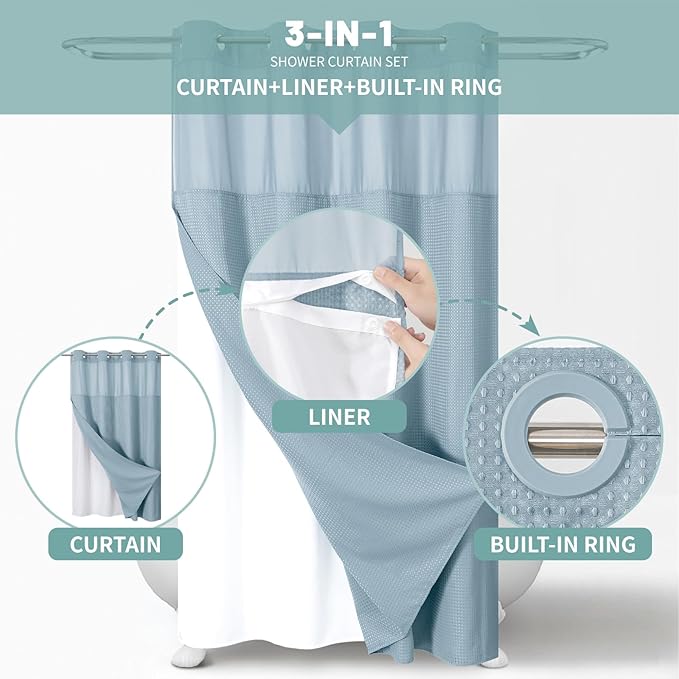 eachope Teal No Hook Waffle Weave Shower Curtain with snap-in Liner Replacement, 230GSM Waterproof Fabric Hotel Shower Curtain Set for Bathroom, Through Mesh Top Window,54Wx80H