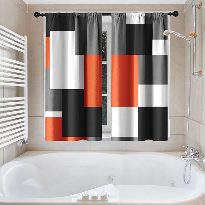 Culudea Geometric Orange White Shower Curtain Set, Black and Gray Modern Bathroom Window Waterproof Shower Curtain Set for Bathroom Decor