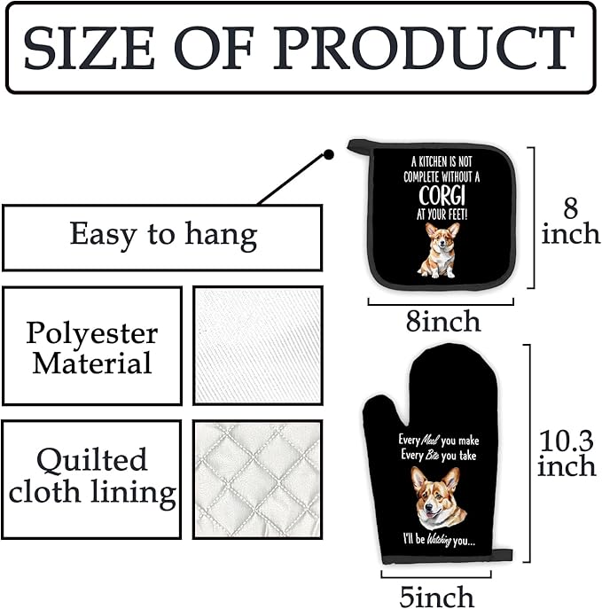 Corgi Gifts Dog Oven Mitts and Pot Holders Sets, Corgi Gifts for Corgi Lovers Kitchen Accessories Sets, Complete Without a Corgi Dog Black Heat Resistant Oven Glove Potholder for Kitchen Baking