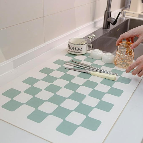2PCS Large Dish Drying Mats for Kitchen Counter 24''x16'' Black Sage Beige Checkered Non-slip Coffee Mat Espresso Accessories,Sage Checkered