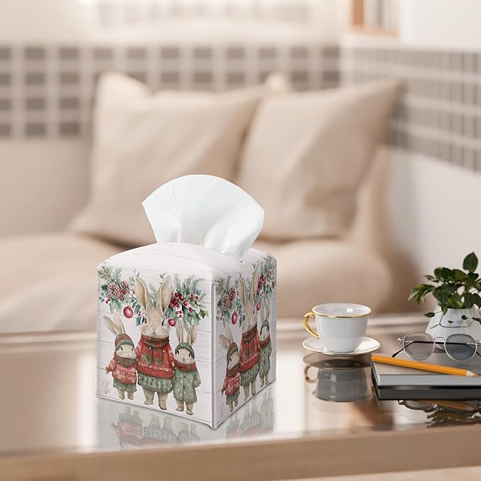 Christmas Tissue Box Holder, Christmas Bunny Leather Tissue Box Cover Square with Bottom Belt, Paper Facial Decorative Tissues Cover for Night Stands Bathroom Office Home Decor-B15