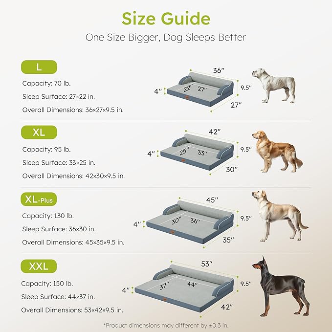 CWAWZ XL Plus Orthopedic Dog Bed, Big Dog Bed for Large Sized Dogs, Dual-Sided Pet Cooling Beds with Memory Foam Washable Cover Nonslip Bottom, Waterproof Pet Couch with Bolster, Dark Grey