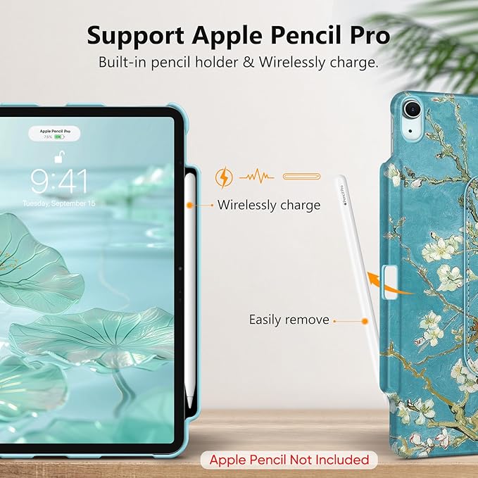 Fintie Rotating Case for iPad Air 13-inch (M3) 2025, (M2) 2024-360 Degree Swiveling Protective Stand Cover with Pencil Holder, Auto Wake/Sleep, Blossom