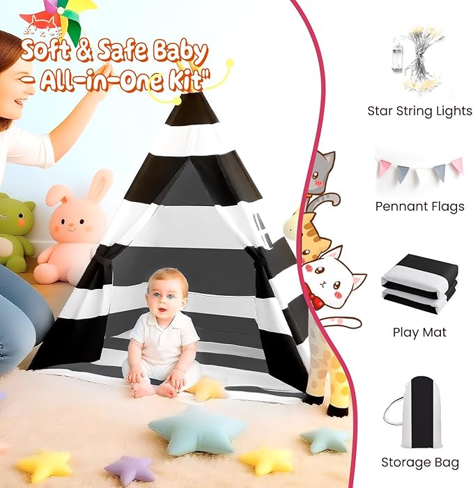 xiaowantong Teepee Tent for Kids with Padded Mat, Lights, and Carry Bag, Washable Playhouse for Indoor Use, Ideal Play Tent for Girls and Boys, Stripe Black