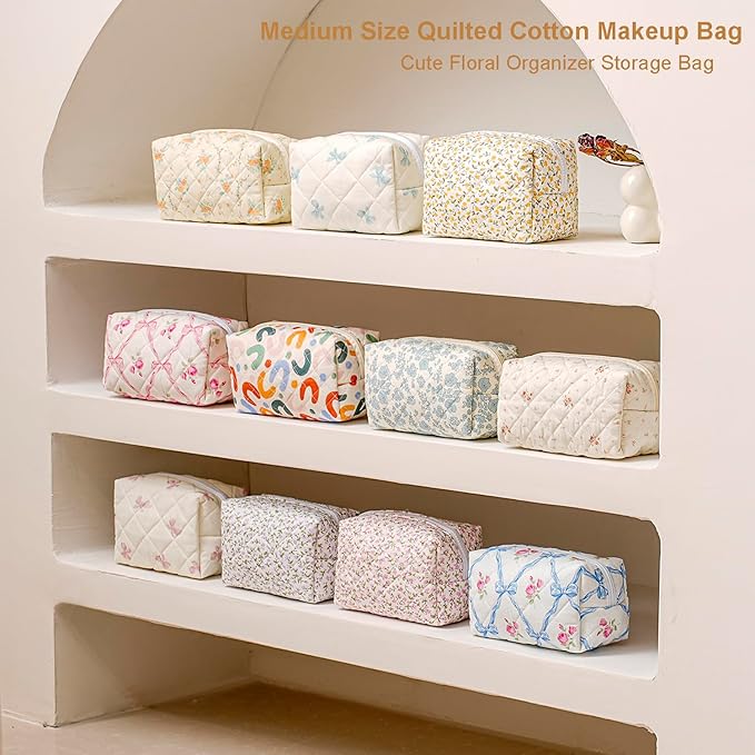 Gleyemor Small Quilted Makeup Bag for Women, Cute Floral Bow Cosmetic Bag, Emergency Bag Travel Toiletry Cotton Pouch Gifts for Girls Her Mom Friend Sister Bridesmaid (Pink Bowknot&Rose)