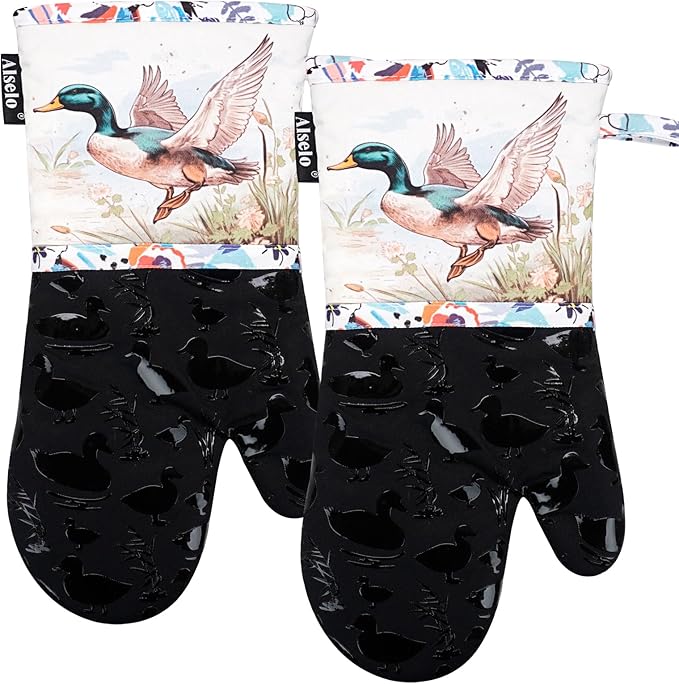 Oven Mitts, Heat Resistant with Soft Quilted Cotton Lining Set of 2, Fashion Duck Design with Silicone Printing Anti-Slip Kitchen Gloves for Safe Backing Cooking Barbecue (Darkgray, Duck)