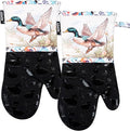 Oven Mitts, Heat Resistant with Soft Quilted Cotton Lining Set of 2, Fashion Duck Design with Silicone Printing Anti-Slip Kitchen Gloves for Safe Backing Cooking Barbecue (Darkgray, Duck)