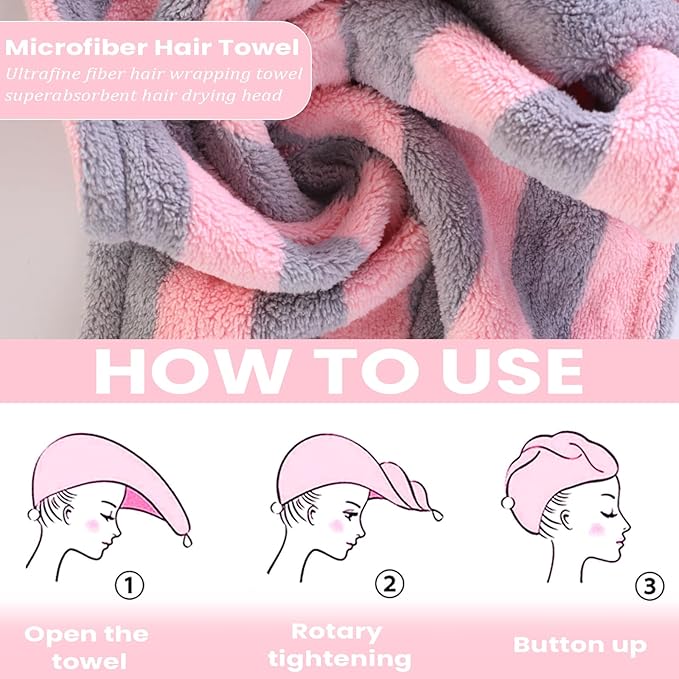 YHPDYL 3 Pack Microfiber Hair Towel Wrap for Women, Fast Drying Hair Turban with Button, Anti-Frizz Large Hair Towel for All Hair Styles, Soft & Absorbent Hair Drying Towel