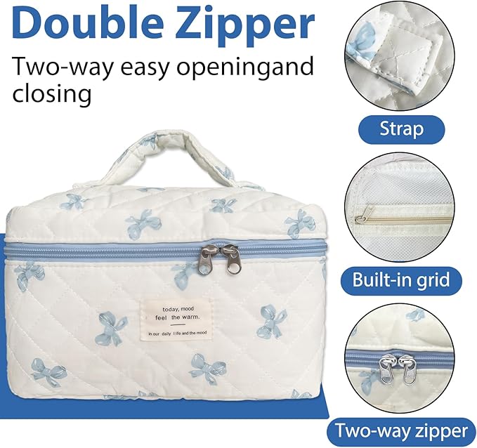 Cozomga Quilted Makeup Bag, Large Capacity Travel Cosmetic Bag for Women and Girls, Aesthetic Storage for Daily and Travel Use (Bow Quilted)
