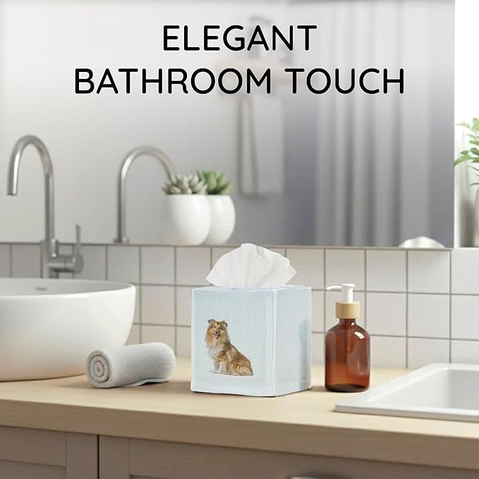 EmbroideryLinen.VN Tissue Box Cover Set of 2, Square Linen Tissue Holder, Printed Animal Pattern, 4.5x4.5x5.5 Inches, Decorative Holder for Bathroom, Living Room, Office (Dog - Ivory)