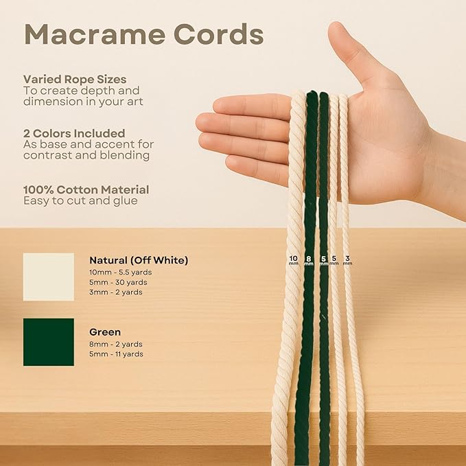 Macrame Kit for Beginners - DIY Rope Canvas Wall Art Kit with Ropes Supplies & Tools | DIY Macrame Art Wall Hanging Decor Starter Set, Craft Kits for Adults, Boho Aesthetic Home Decoration (Green)
