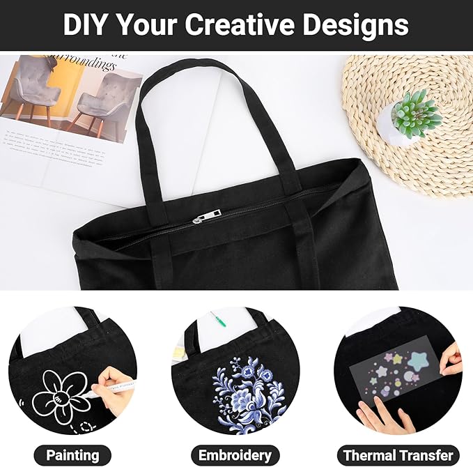 Segarty Black Canvas Tote, 6 Packs 16x15 inch Canvas Bags with Zipper, 12Oz Heavy Duty Reusable Grocery Shopping Plain Tote Bag Bulk for Women Crafts Painting Embroidery Gift