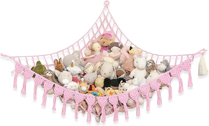 Abby Baby Extra Large Stuffed Animal Storage Hammock Corner with LED Lights – 25LB Capacity Hanging Toy Net for Small or Large Plushies, Boho Macrame Squishmallow, Plush Net, Pink