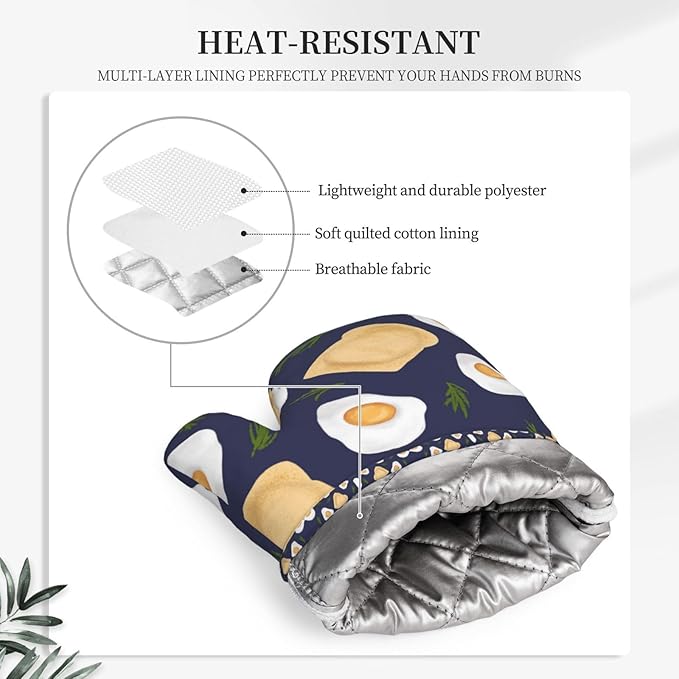 Fried Egg Bread Vanilla Oven Mitts and Pot Holders Sets, Home Silicone Heat Resistant BBQ Gloves for Kitchen Baking Cooking Grilling Microwave