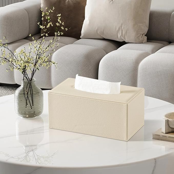 JLAMBOM Rectangle Tissue Box Cover for 120 to 160 Count Box of Tissues, PU Leather Tissue Holder with Magnetic Closure (Beige)