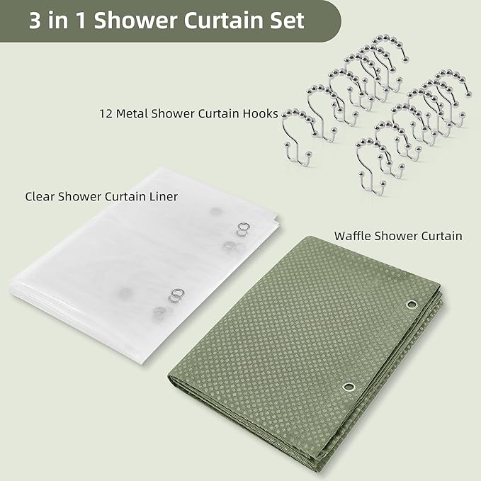 Lameirose Shower Curtain and Liner Set, 3 in 1 Waffle Shower Curtain Set with 12 Double Sided Shower Curtain Hooks, Fabric Shower Curtains for Bathroom, Green, 72 x 72
