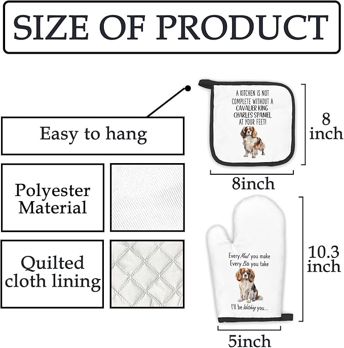 Cavalier King Charles Spaniel Gifts Dog Oven Mitts and Pot Holders Sets, Cavalier King Charles Spaniel Dog Decor Kitchen Accessories Sets, Dogs Heat Resistant Oven Glove Potholders for Kitchen
