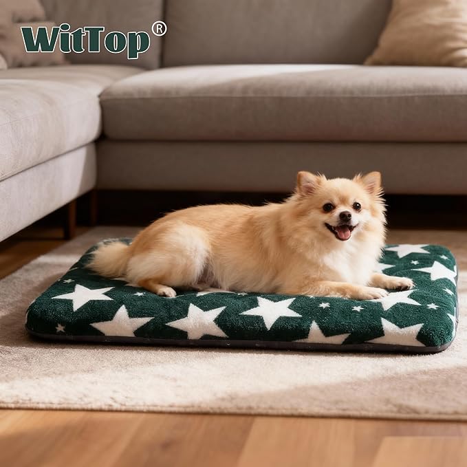 Wittop Washable Dog Bed Plush Orthopedic Outdoor Crate Mat with Non-Slip Bottom,Luxe Soft Kennel Pad for Pets, Cozy Cage Cushion & Pet Sleeping Mattress Large Sized,Medium,Small Dogs,30x20 inch,Green